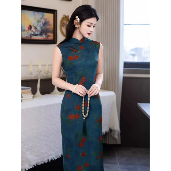 春夏新款旗袍绫罗缎无袖长款旗袍