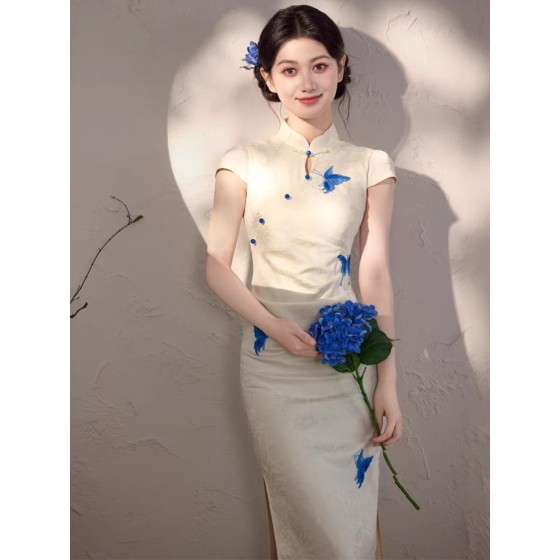 长款双层蓝色蝴蝶印花女旗袍