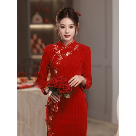 雪尼尔绣花侧扣长款旗袍